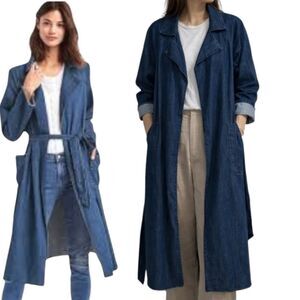 Gap  cotton Long Line Denim Trench Coat Patch Pockets Belt Frayed Edges XLarge